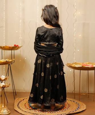 Black and Gold Cotton Printed Kids' Lehenga 3
