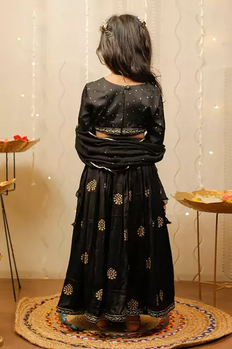 Black and Gold Cotton Printed Kids' Lehenga