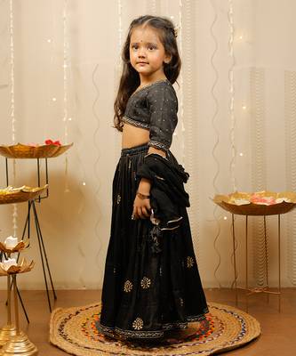 Black and Gold Cotton Printed Kids' Lehenga 4