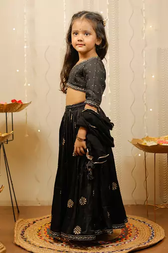 Black and Gold Cotton Printed Kids' Lehenga