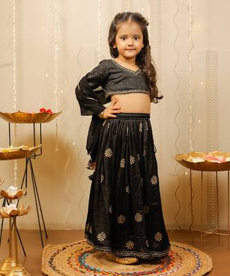 Black and Gold Cotton Printed Kids' Lehenga 5