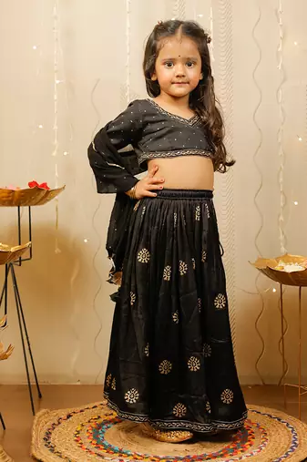 Black and Gold Cotton Printed Kids' Lehenga