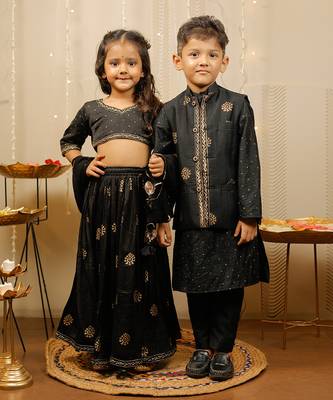 Black and Gold Cotton Printed Kids' Lehenga 6