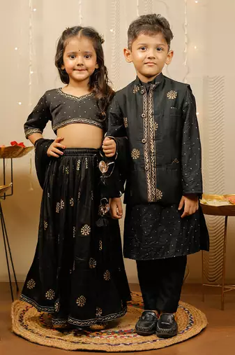 Black and Gold Cotton Printed Kids' Lehenga