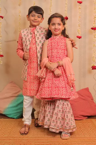 Orange Mogra Kurta Jacket Set