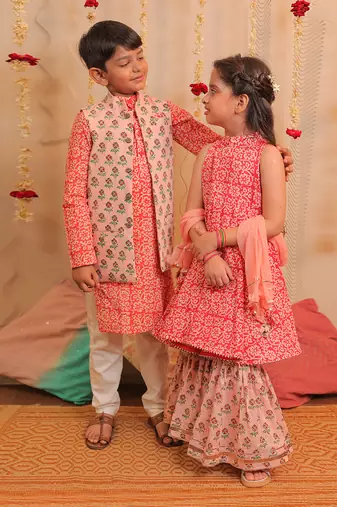 Orange Mogra Kurta Jacket Set
