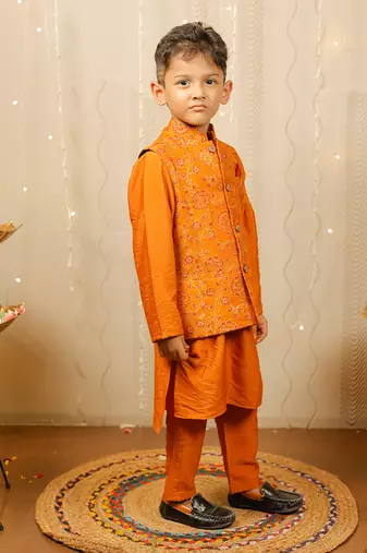Mustard Kurta Set With Floral Jacket