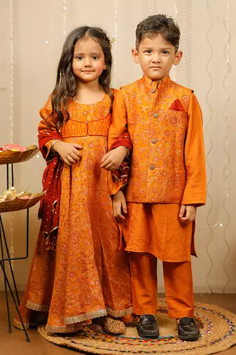 Mustard Kurta Set With Floral Jacket