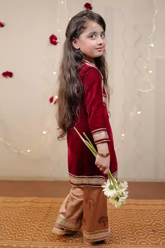 Maroon Velvet Kurta Set