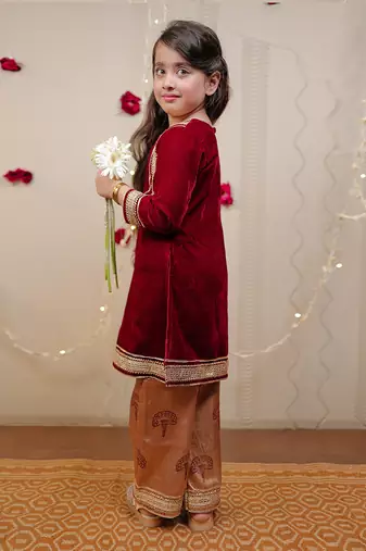Maroon Velvet Kurta Set
