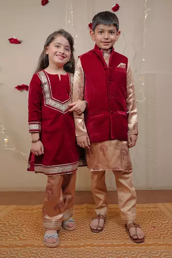 Maroon Velvet Kurta Set