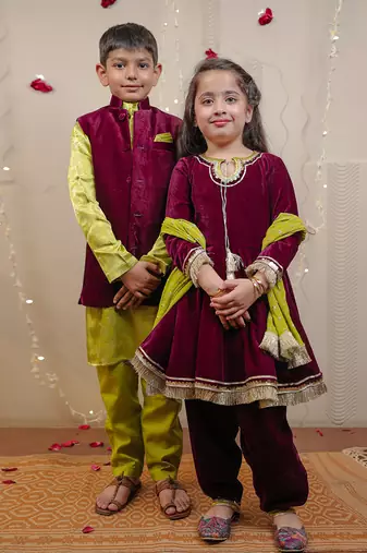 Wine Velvet Kurta Set With Dupatta