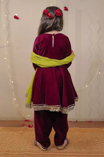 Wine Velvet Kurta Set With Dupatta
