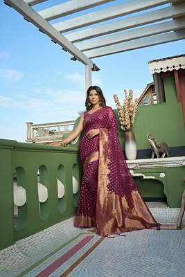 Wine woven organza saree with blouse 1
