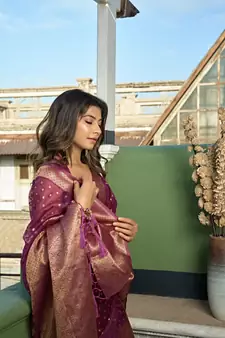 Wine woven organza saree with blouse
