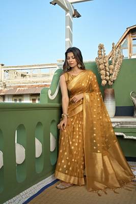 Mustard woven organza saree with blouse 3