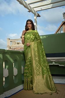 Green woven organza saree with blouse