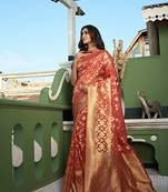 Peach woven organza saree with blouse