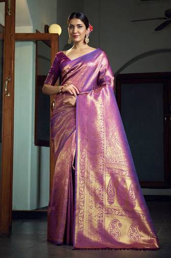 Wine woven kanchipuram silk blend saree with blouse