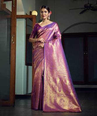 Wine woven kanchipuram silk blend saree with blouse 1