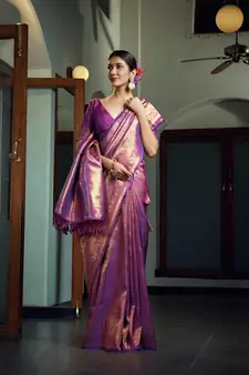 Wine woven kanchipuram silk blend saree with blouse
