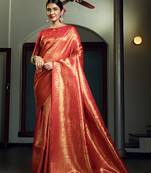 Red woven kanchipuram silk blend saree with blouse