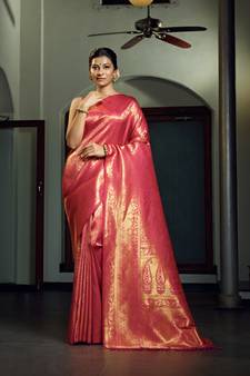 Pink woven kanchipuram silk blend saree with blouse