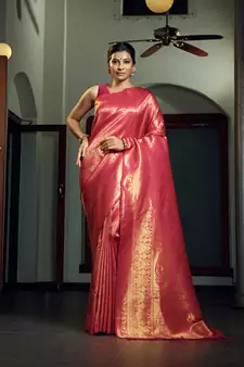 Pink woven kanchipuram silk blend saree with blouse