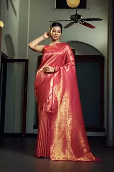 Pink woven kanchipuram silk blend saree with blouse