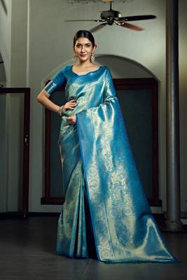 Blue woven kanchipuram silk blend saree with blouse 1