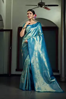 Blue woven kanchipuram silk blend saree with blouse