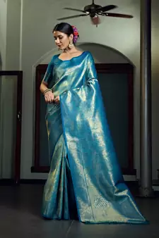 Blue woven kanchipuram silk blend saree with blouse