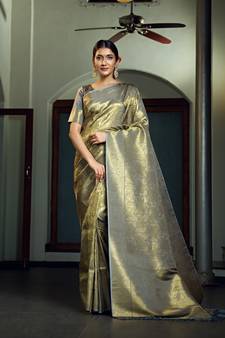 Grey woven kanchipuram silk blend saree with blouse
