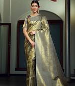 Grey woven kanchipuram silk blend saree with blouse