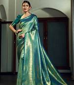 Teal woven kanchipuram silk blend saree with blouse
