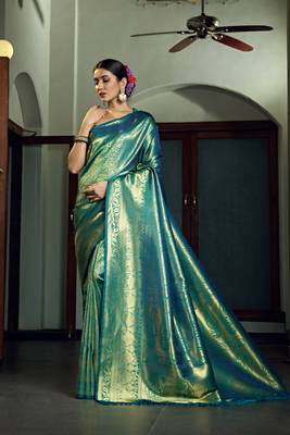 Teal woven kanchipuram silk blend saree with blouse 2