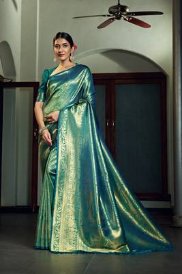 Teal woven kanchipuram silk blend saree with blouse 3