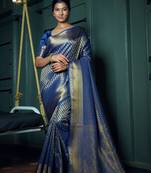 Blue woven kanchipuram silk blend saree with blouse