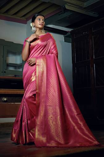 Pink woven kanchipuram silk saree with blouse