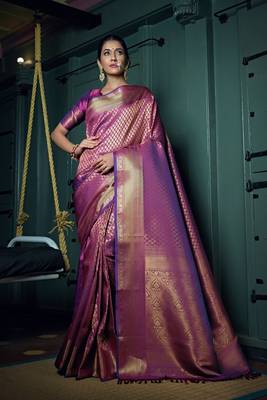 Wine woven kanchipuram silk blend saree with blouse 1
