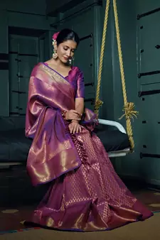 Wine woven kanchipuram silk blend saree with blouse