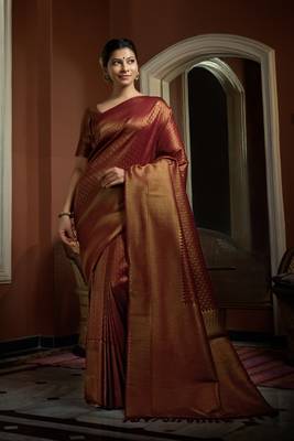 Maroon Kanchipuram Silk Zari Woven Saree with Blouse 1
