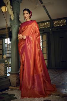 Red woven kanchipuram silk blend saree with blouse