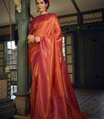 Red woven kanchipuram silk blend saree with blouse
