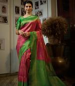 Pink woven kanchipuram silk saree with blouse