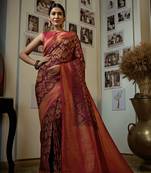Wine woven kanchipuram silk blend saree with blouse