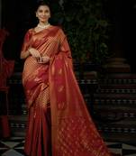 Red woven kanchipuram silk blend saree with blouse