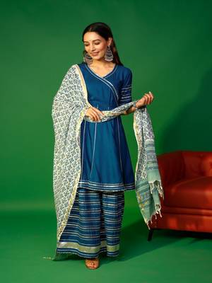 Prussian blue angarakha kurta plazzo with floral dupatta set 1
