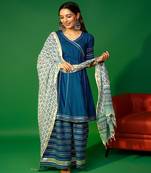 Prussian blue angarakha kurta plazzo with floral dupatta set