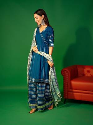 Prussian blue angarakha kurta plazzo with floral dupatta set 2